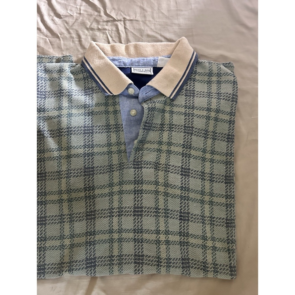 Bugle Boy Mens Large Blue Green Plaid Polo Shirt Y2K Vintage Preppy L